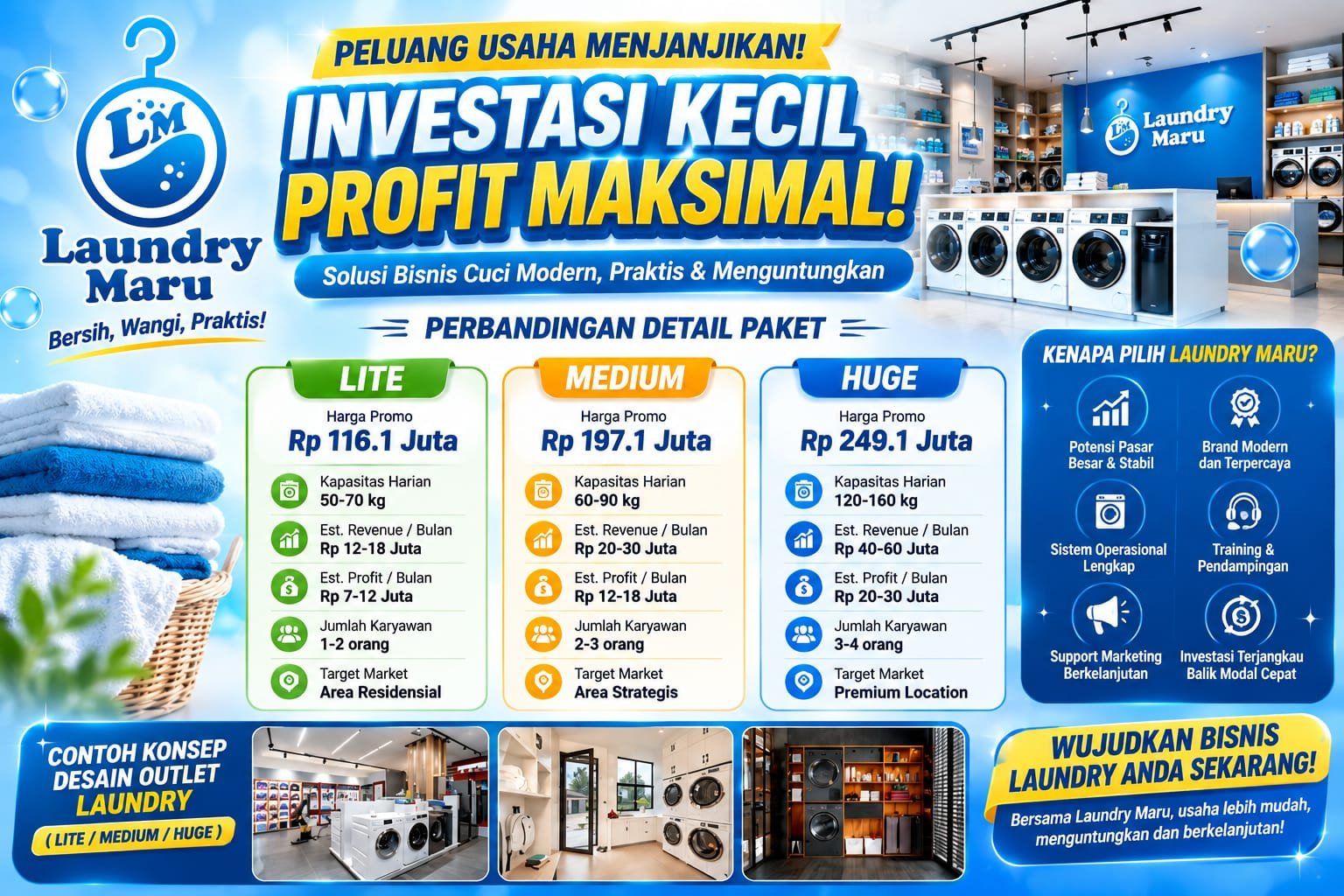 Franchise kemitraan laundry modern Laundry Maru dengan perbandingan paket investasi